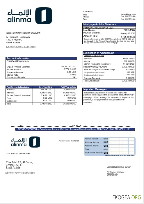 Relevé hypothécaire de la banque Alinma en Arabie Saoudite aux formats Word et PDF